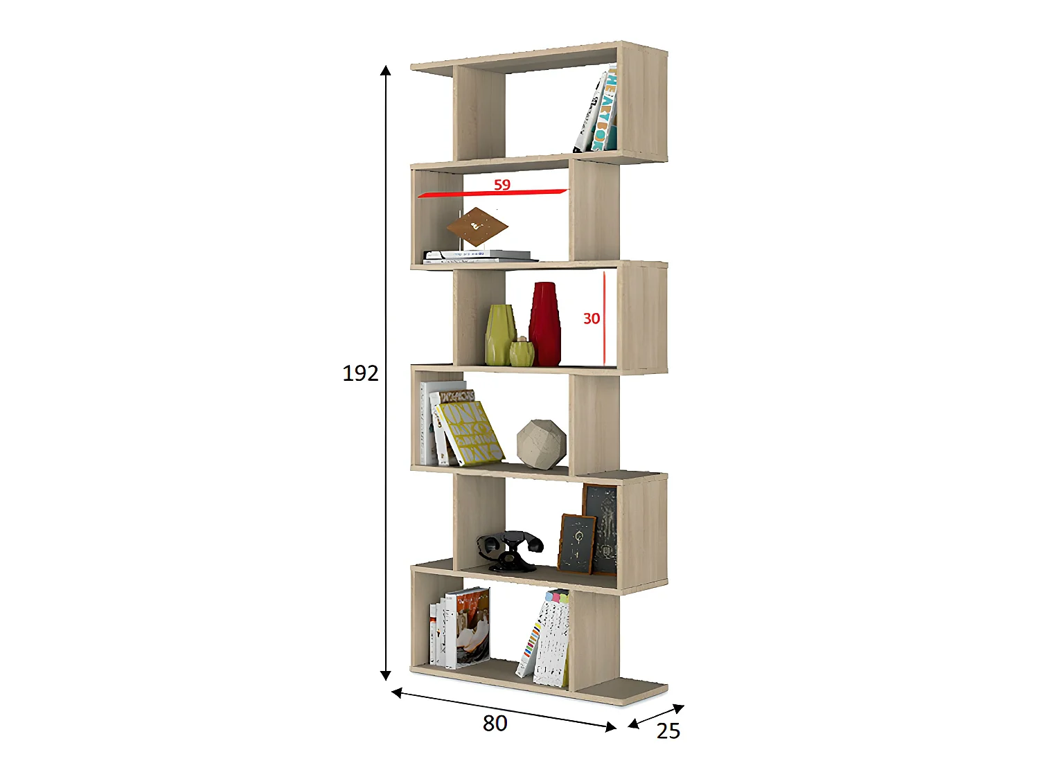 Etagère polyvalente en panneau de particules mélaminé coloris blanc mat et chêne - Hauteur 192 x Longueur 80 cm x Profondeur 24 cm