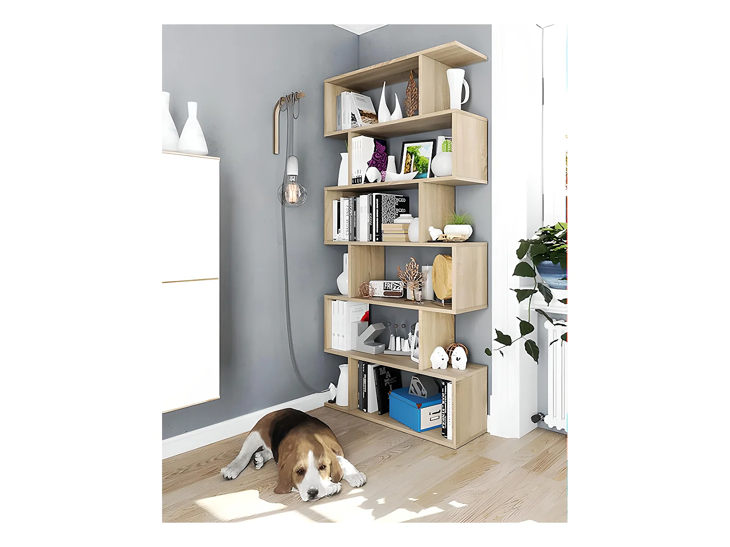 Etagère polyvalente en panneau de particules mélaminé coloris blanc mat et chêne - Hauteur 192 x Longueur 80 cm x Profondeur 24 cm