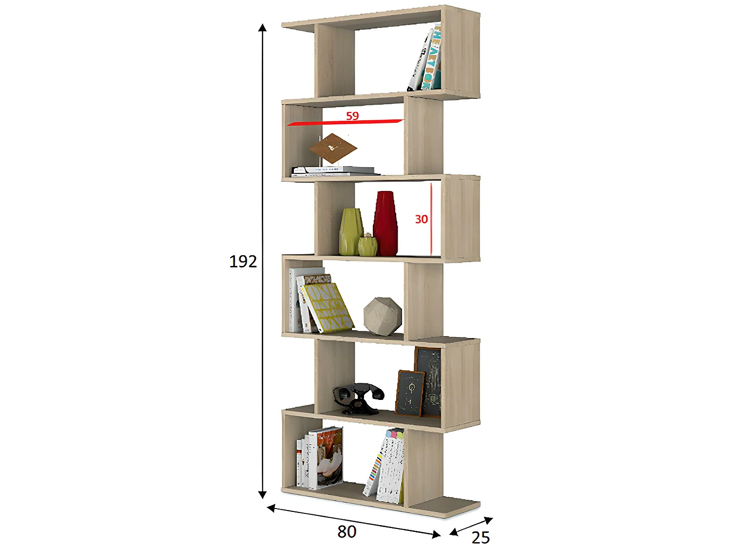 Etagère polyvalente en panneau de particules mélaminé coloris blanc mat et chêne - Hauteur 192 x Longueur 80 cm x Profondeur 24 cm
