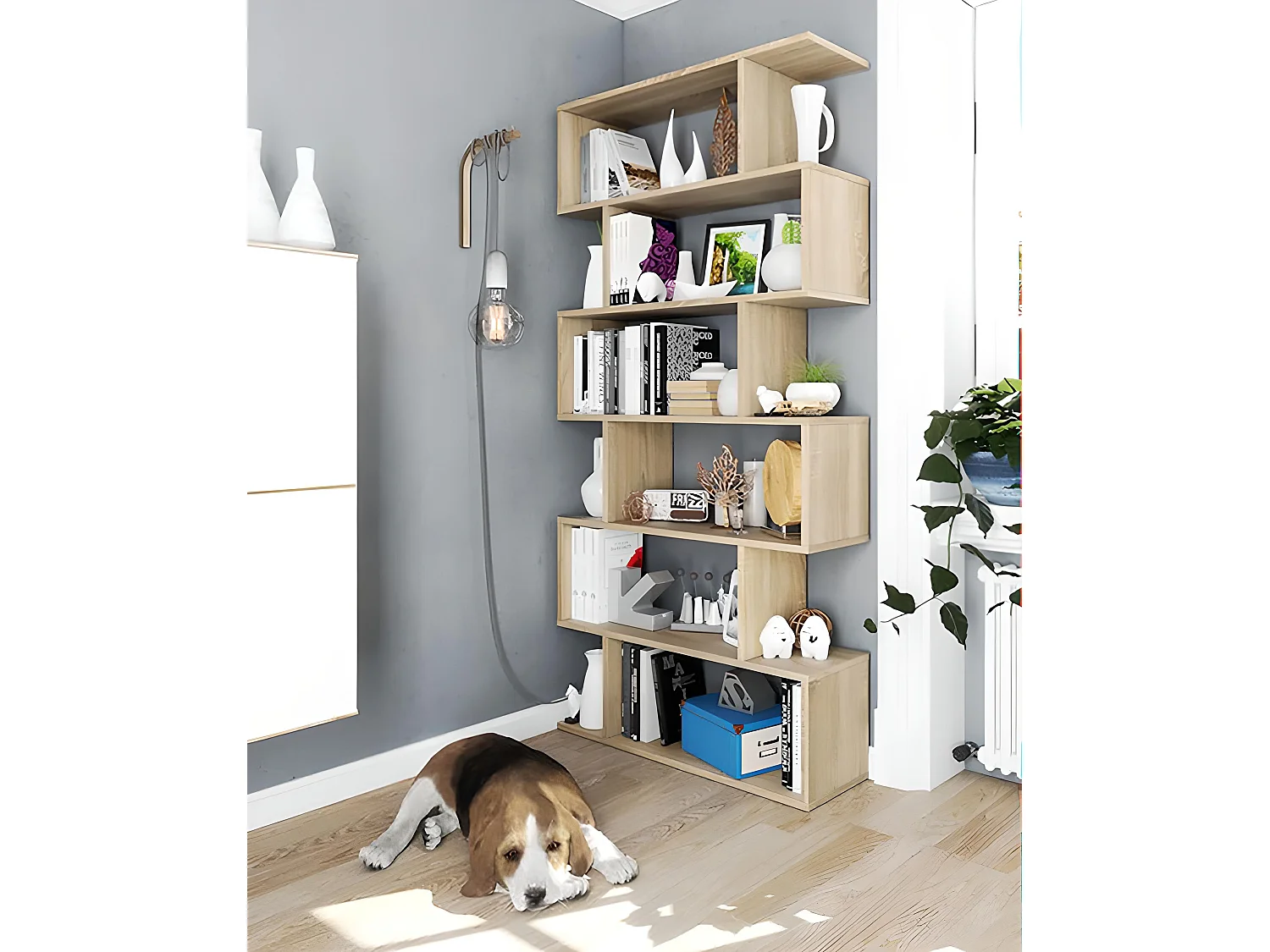 Etagère polyvalente en panneau de particules mélaminé coloris blanc mat et chêne - Hauteur 192 x Longueur 80 cm x Profondeur 24 cm