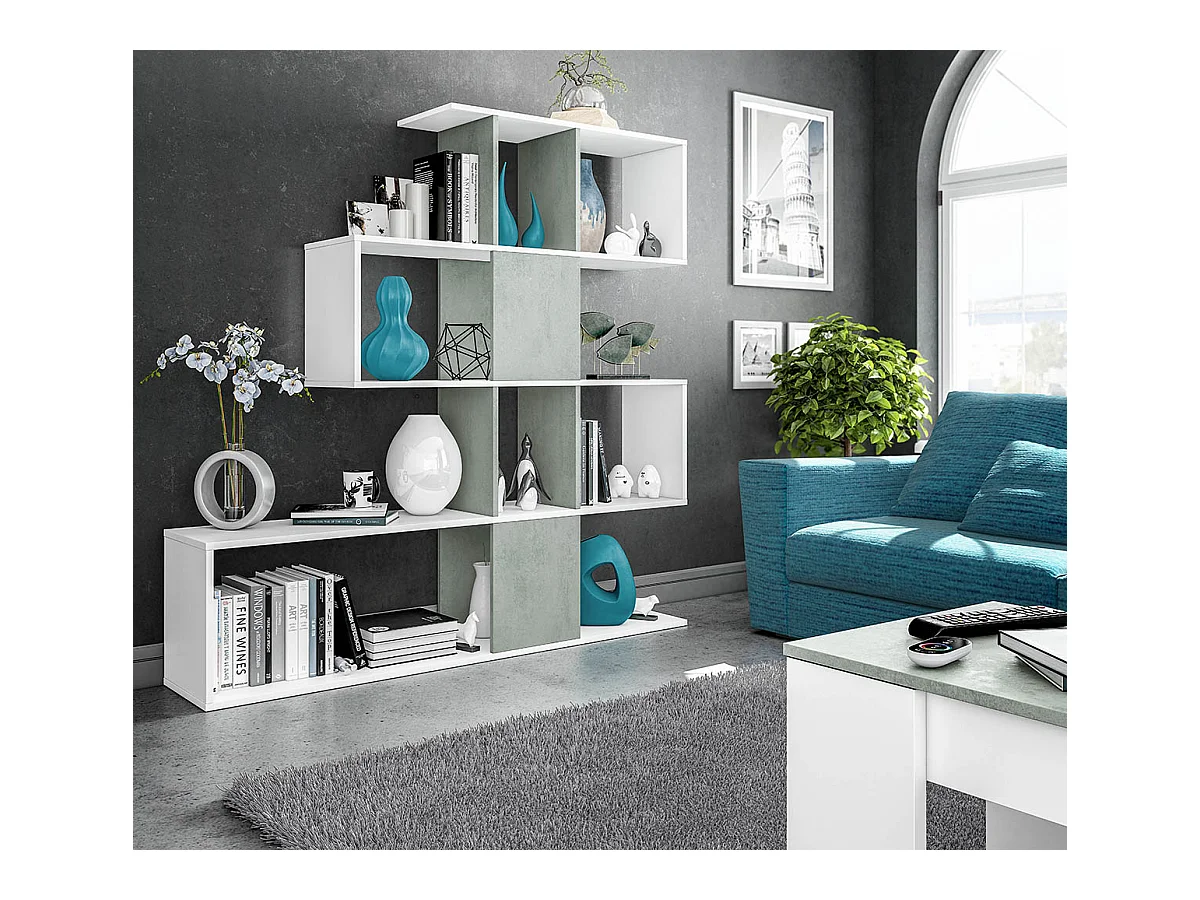 Etagère polyvalente en panneau de particules mélaminé coloris blanc artik/gris béton - Hauteur 145 x Longueur 145 cm x Profondeur 28 cm