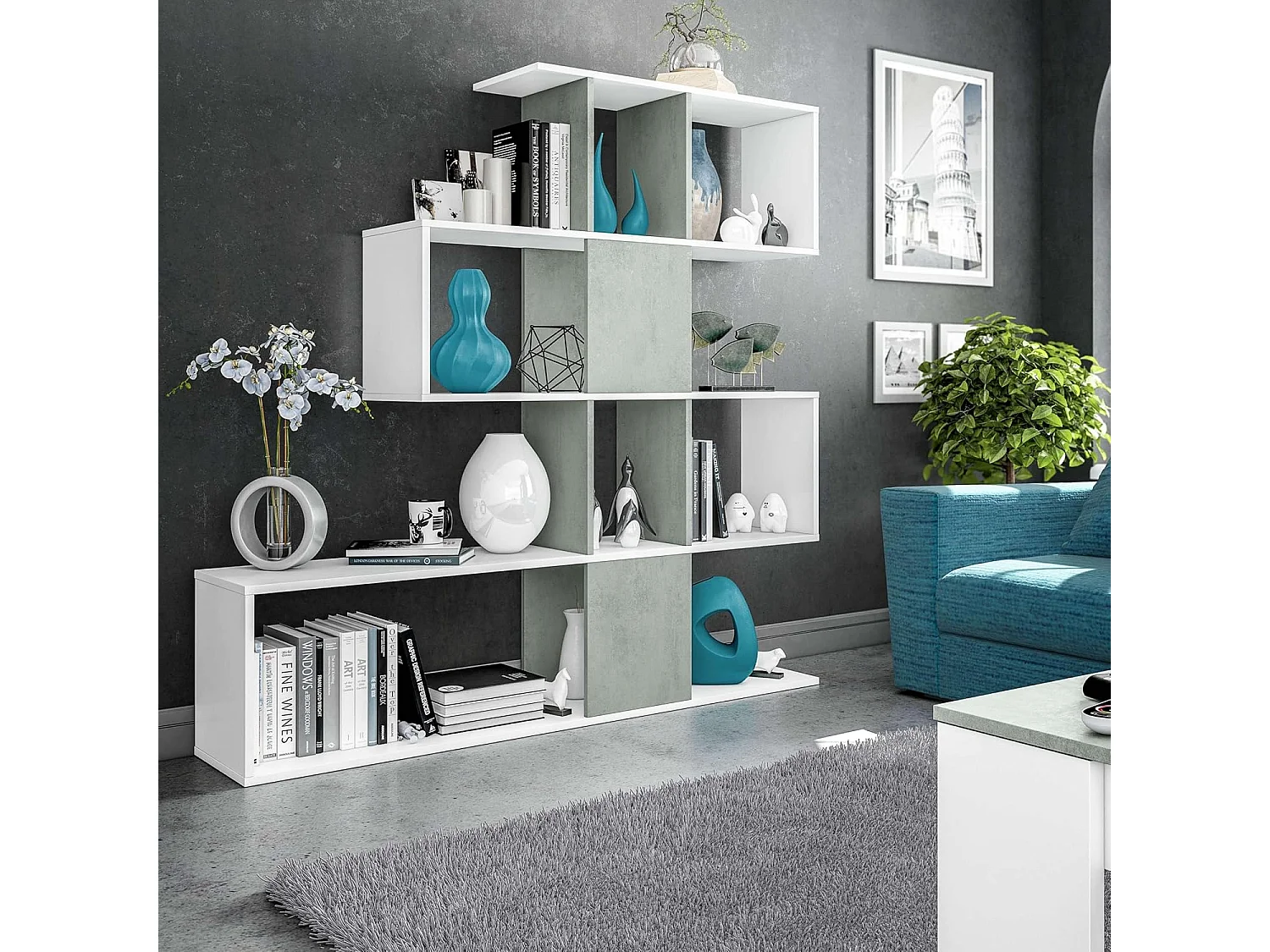 Etagère polyvalente en panneau de particules mélaminé coloris blanc artik/gris béton - Hauteur 145 x Longueur 145 cm x Profondeur 28 cm