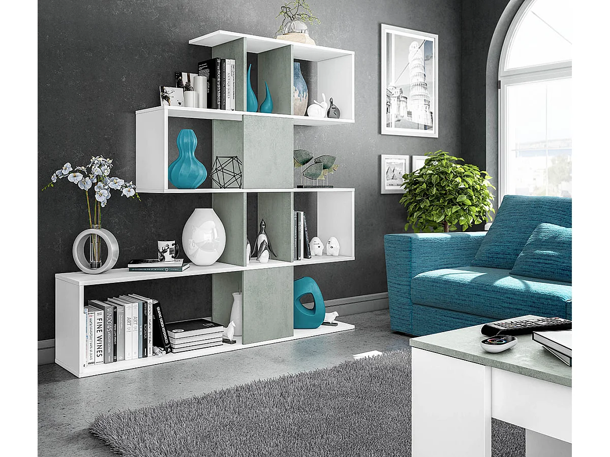 Etagère polyvalente en panneau de particules mélaminé coloris blanc artik/gris béton - Hauteur 145 x Longueur 145 cm x Profondeur 28 cm