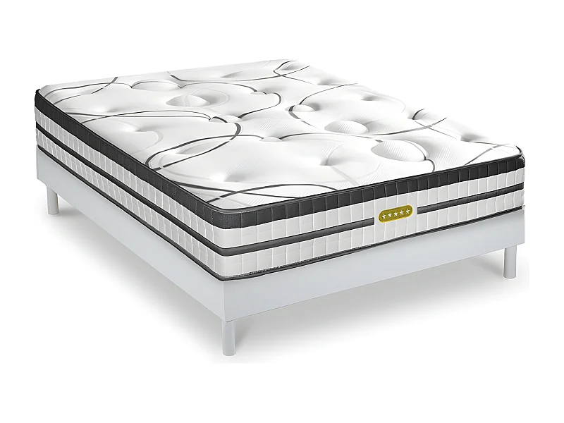 Ensemble sommier Bois Blanc et Matelas Concorde Ressorts ensachés Accueil mémoire 26cm 160x200cm