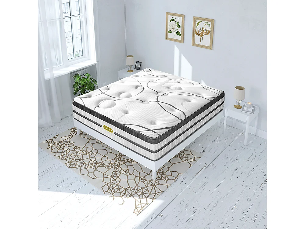 Ensemble Concorde 160x200 cm + sommier bois blanc - Ressorts + mémoire - Ép. 26 cm