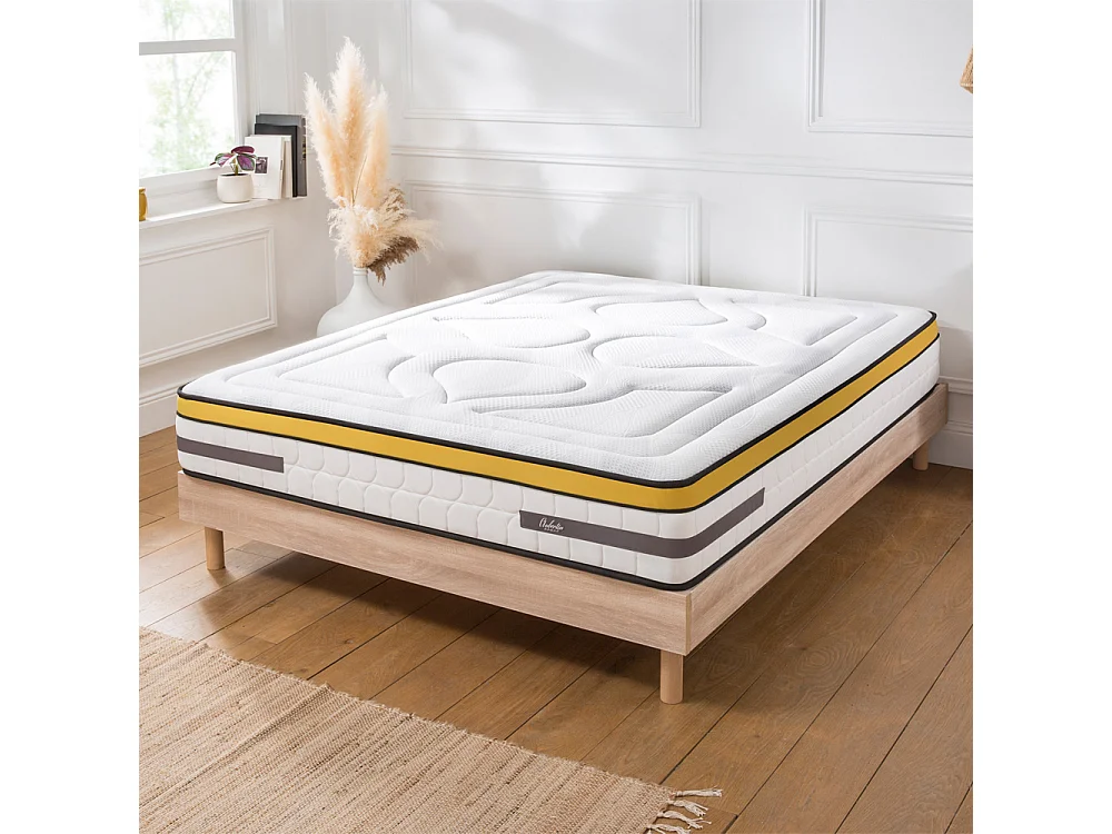 Ensemble Aubertin 160x200 cm + sommier bois - Ressorts + mémoire - Ép. 24 cm