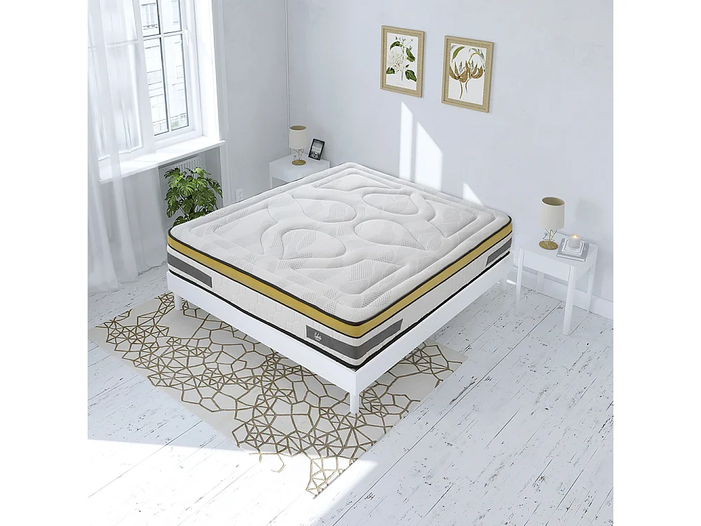 Ensemble Matelas Aubertin Ressorts ensachés Accueil mémoire et sommier kit bois blanc - 140 x 190 cm
