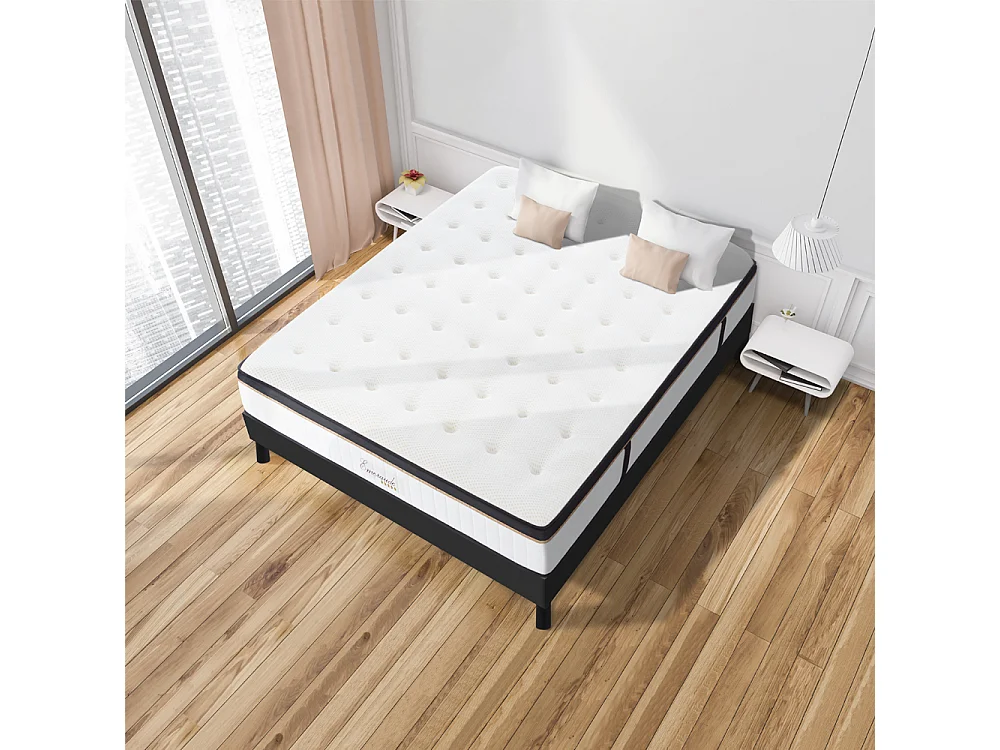 Ensemble Matelas Emeraude Mousse Accueil mémoire moelleux 24 cm et Sommier Bois Noir - 140x190cm