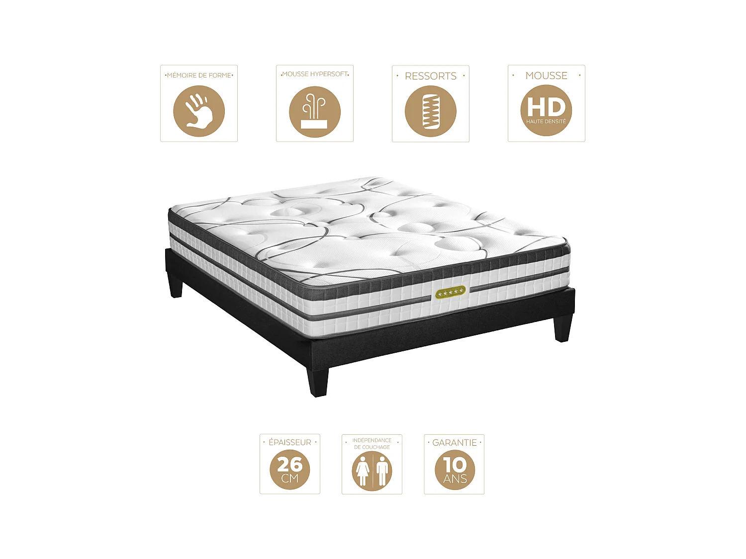 Ensemble sommier Bois Noir et Matelas Concorde Ressorts ensachés Accueil mémoire 26cm 160x200cm