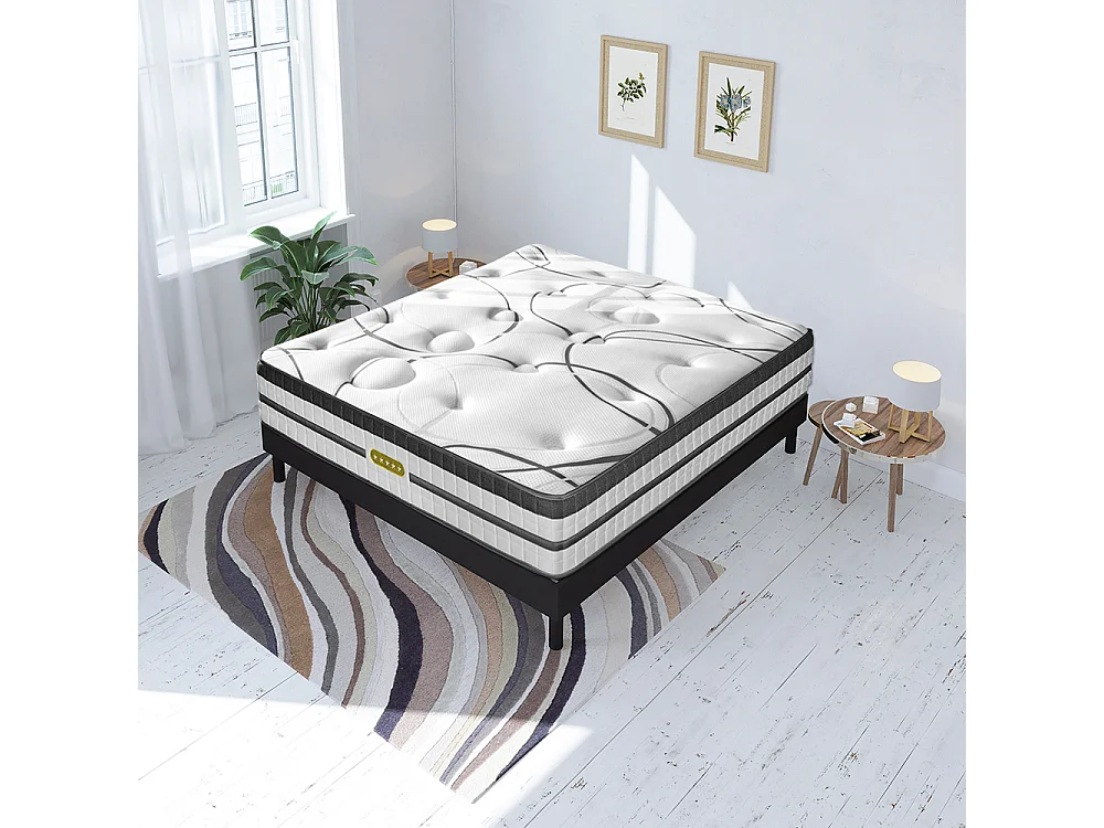 Ensemble sommier Bois Noir et Matelas Concorde Ressorts ensachés Accueil mémoire 26cm 160x200cm