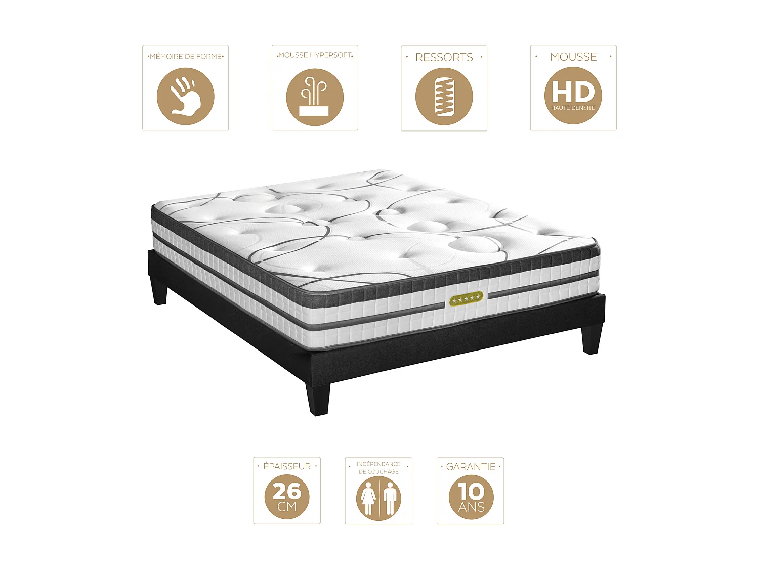 Ensemble sommier Bois Noir et Matelas Concorde Ressorts ensachés Accueil mémoire 26cm 160x200cm