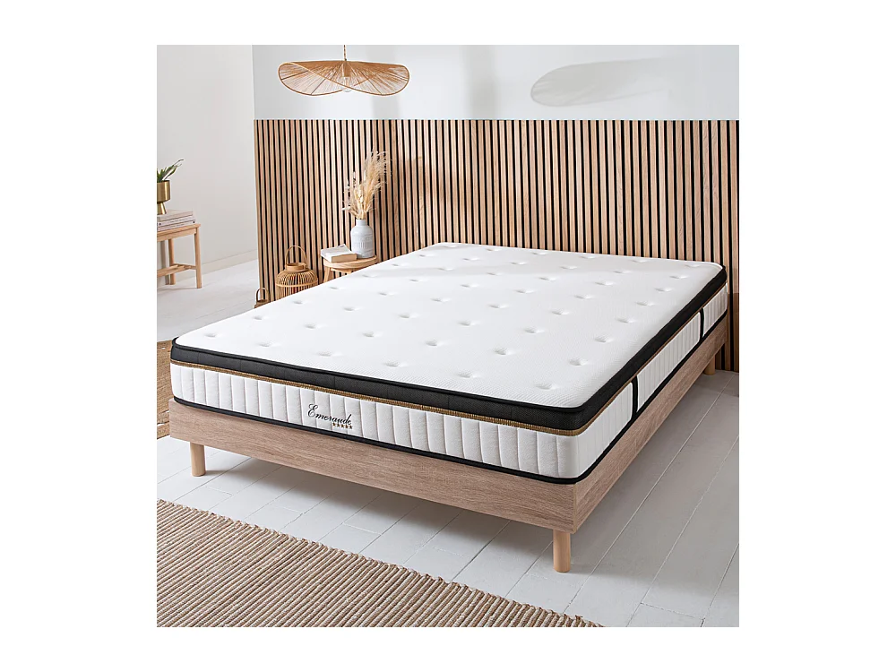 Ensemble Matelas Emeraude Mousse Accueil mémoire moelleux - 24 cm et Sommier Bois - 140 x 200 cm