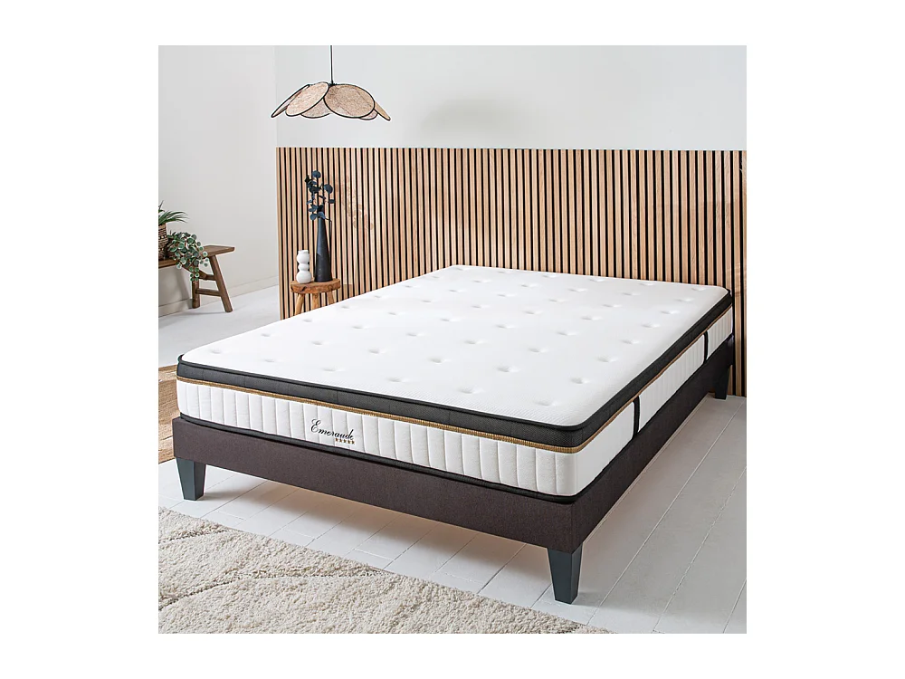 Ensemble Matelas Emeraude Mousse Accueil Mémoire de Forme et sommier tissu gris - 140 x 190 cm