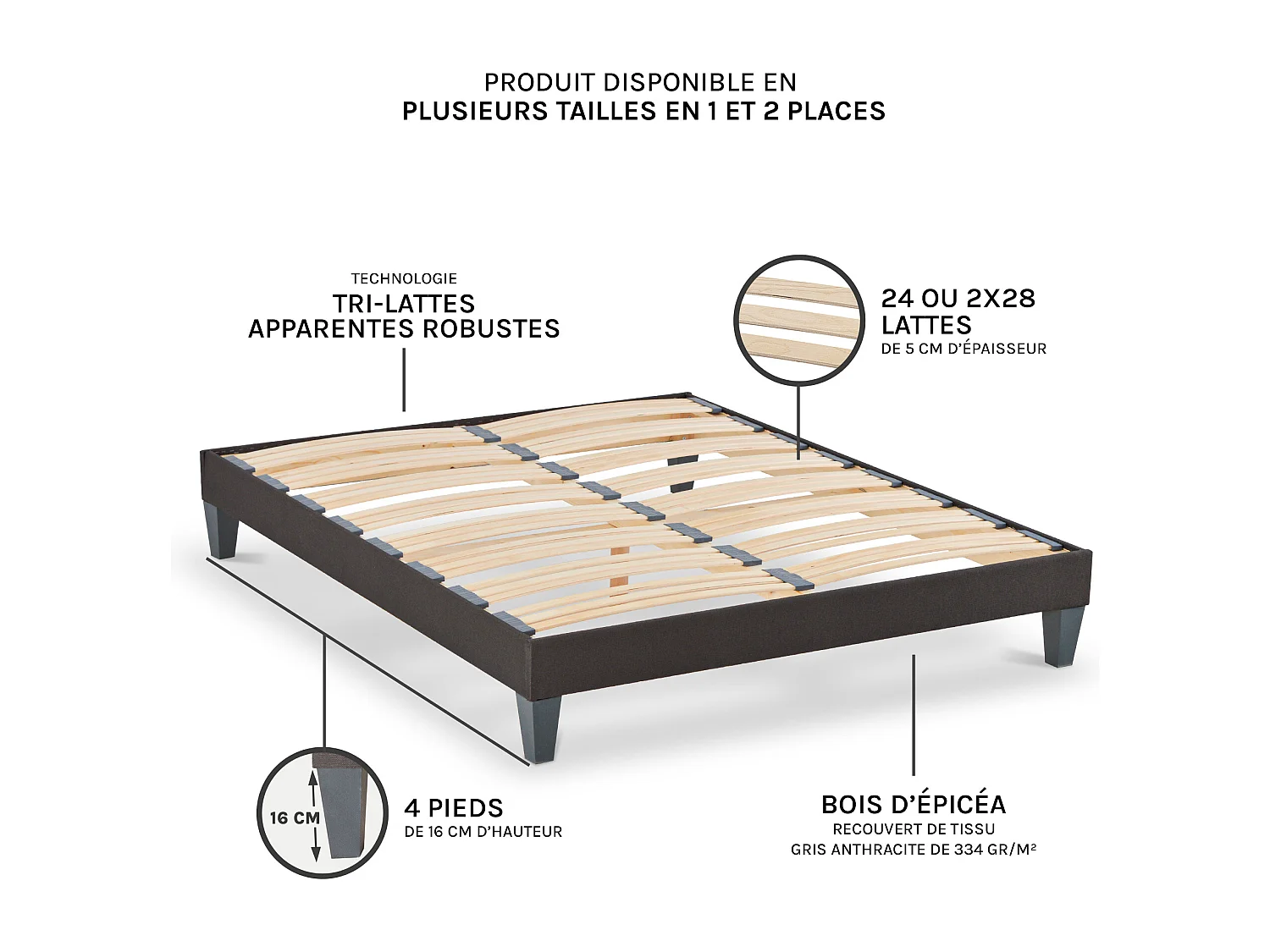 Ensemble Matelas Emeraude Mousse Accueil Mémoire de Forme et sommier tissu gris - 140 x 190 cm