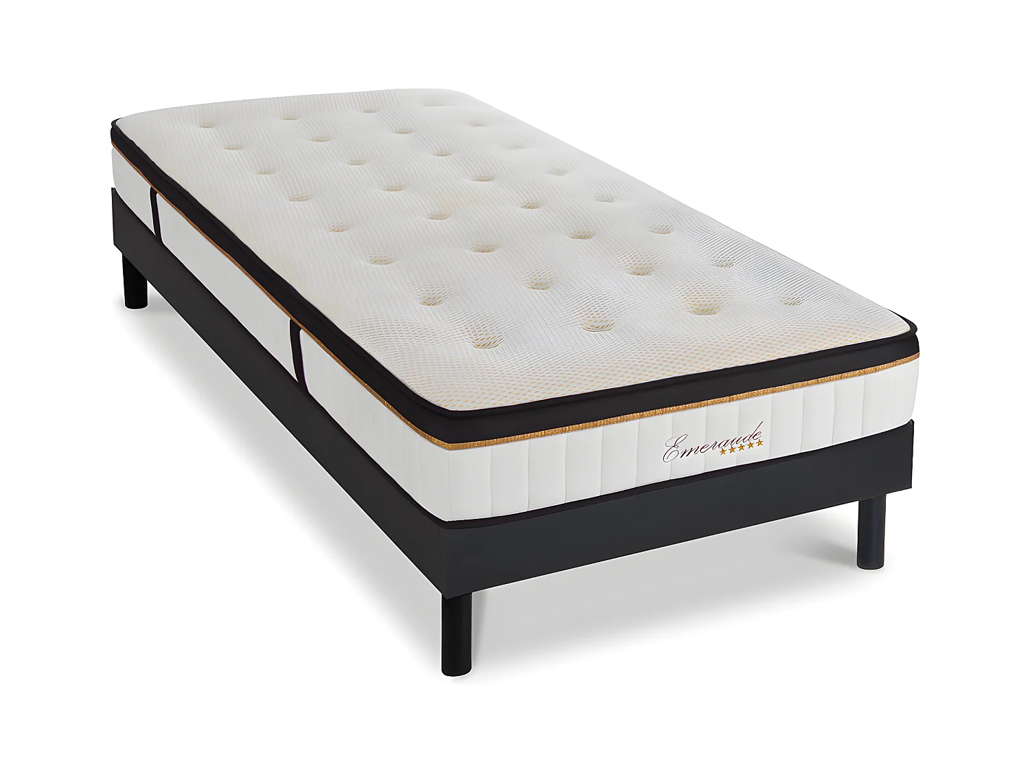 Ensemble Matelas Emeraude Mousse Accueil mémoire moelleux 24 cm et Sommier Bois Noir 90 x 190 cm