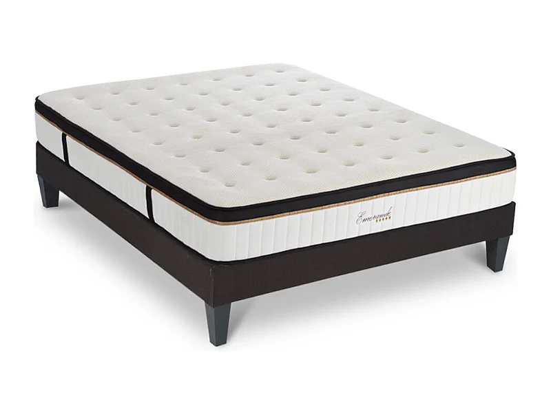 Ensemble Matelas Emeraude Mousse Accueil Mémoire de Forme et sommier tissu gris - 160 x 200 cm