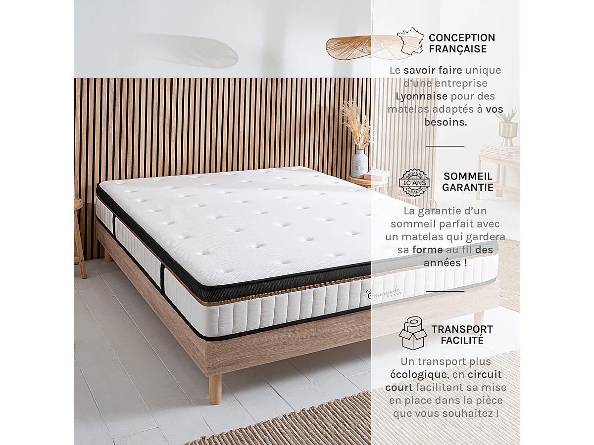Ensemble Matelas Emeraude Mousse Accueil Mémoire de Forme et sommier tissu gris - 160 x 200 cm