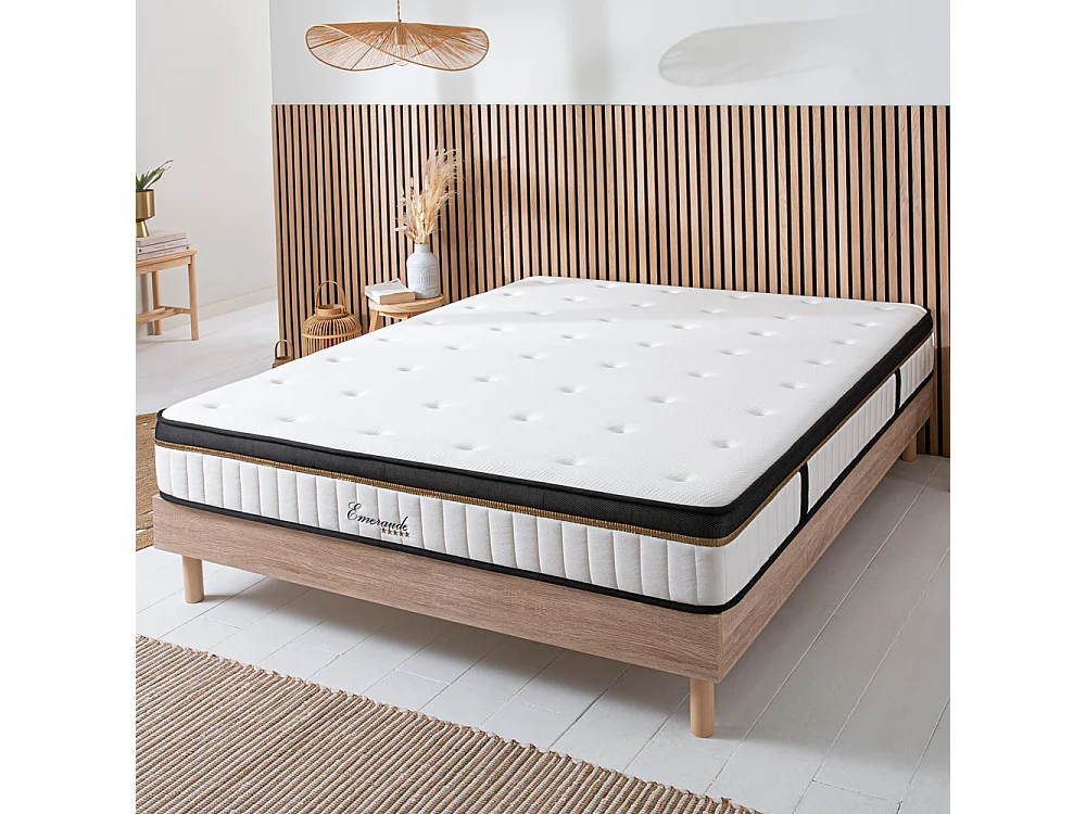 Ensemble Matelas Emeraude Mousse Accueil mémoire moelleux - 24 cm et Sommier Bois - 90 x 190 cm