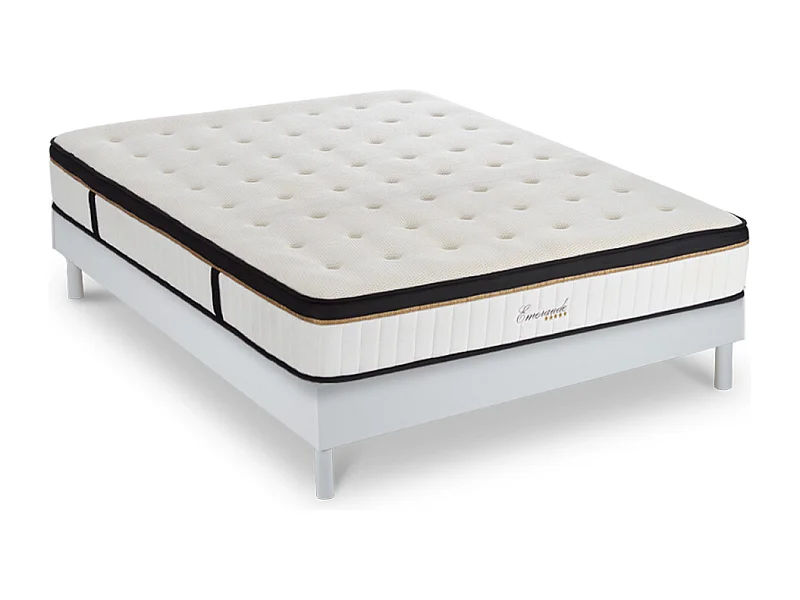 Ensemble Matelas Emeraude Mousse Accueil mémoire moelleux 24 cm et Sommier Bois Blanc - 180x200cm
