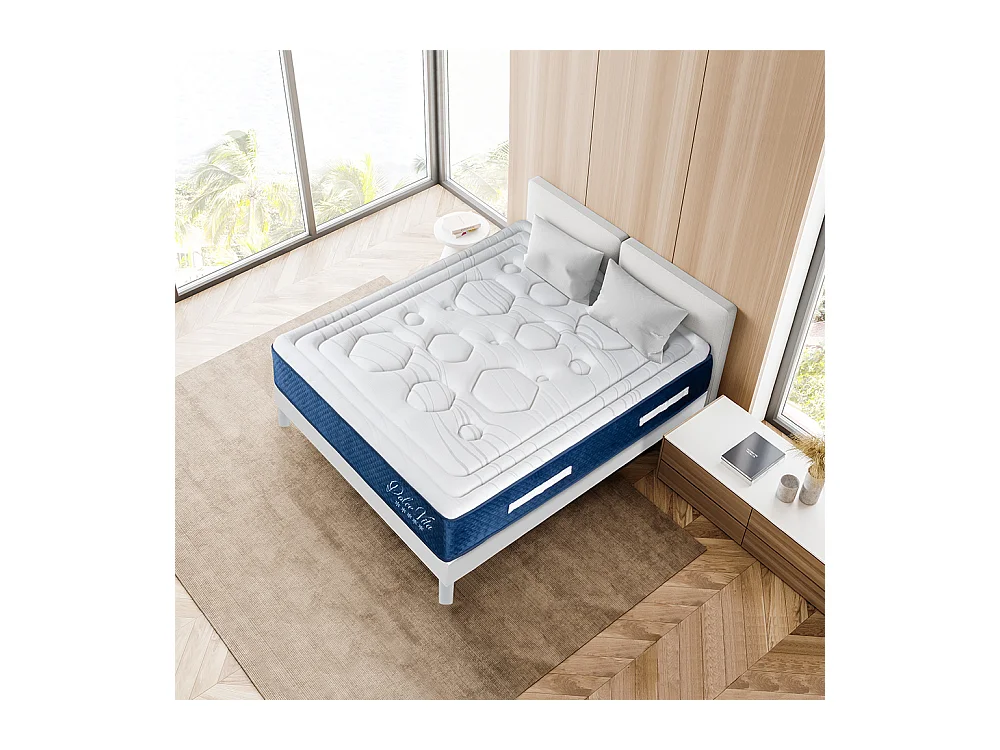 Ensemble Matelas Dolce Vita Ressorts ensachés Accueil mémoire 28cm et Sommier Bois Blanc 160x200cm