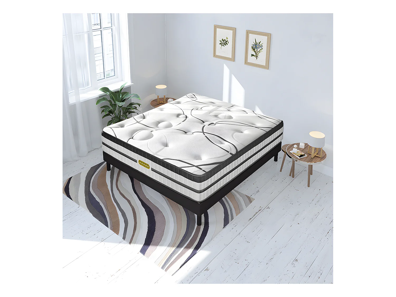 Ensemble sommier Bois Noir et Matelas Concorde Ressorts ensachés Accueil mémoire 26cm 180x200cm