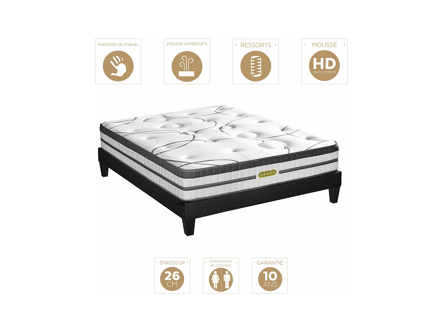 Ensemble sommier Bois Noir et Matelas Concorde Ressorts ensachés Accueil mémoire 26cm 180x200cm