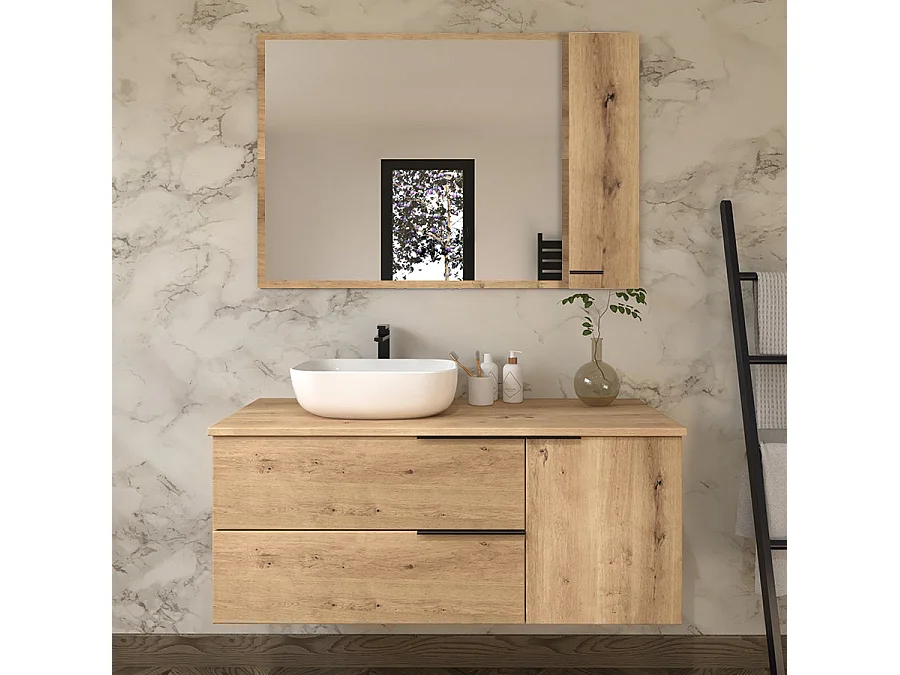 Meuble de salle de bain 100cm avec vasque à poser arrondie - 2 tiroirs - miroir avec armoirette - roble (chêne clair) - KING