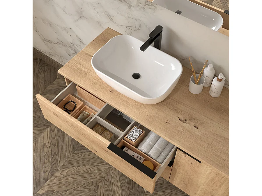 Meuble de salle de bain 100cm avec vasque à poser arrondie - 2 tiroirs - miroir avec armoirette - roble (chêne clair) - KING