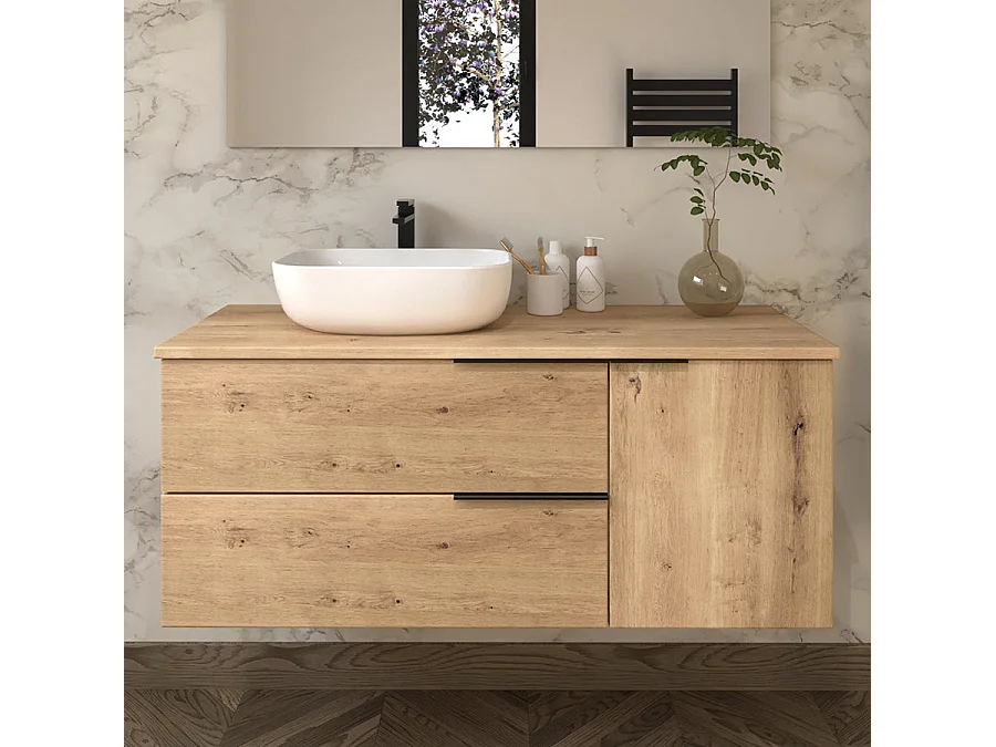 Meuble de salle de bain 100cm avec vasque à poser arrondie - 2 tiroirs - miroir avec armoirette - roble (chêne clair) - KING