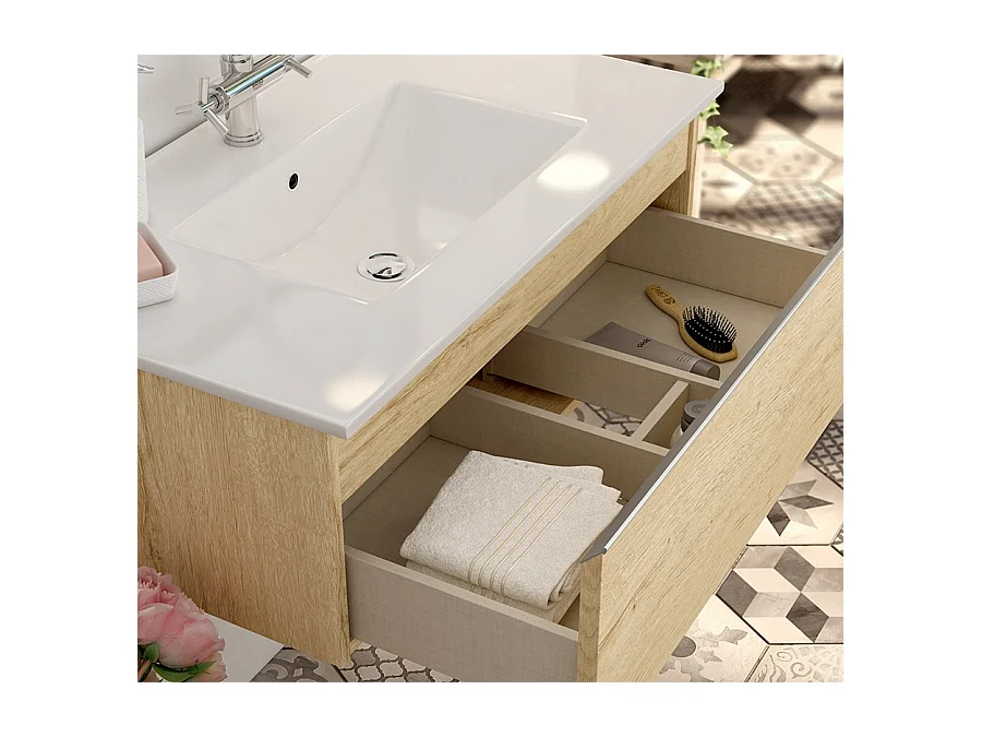 Meuble de salle de bain 80 cm simple vasque - 1 tiroir - sans miroir - PENA - bambou (chêne clair)