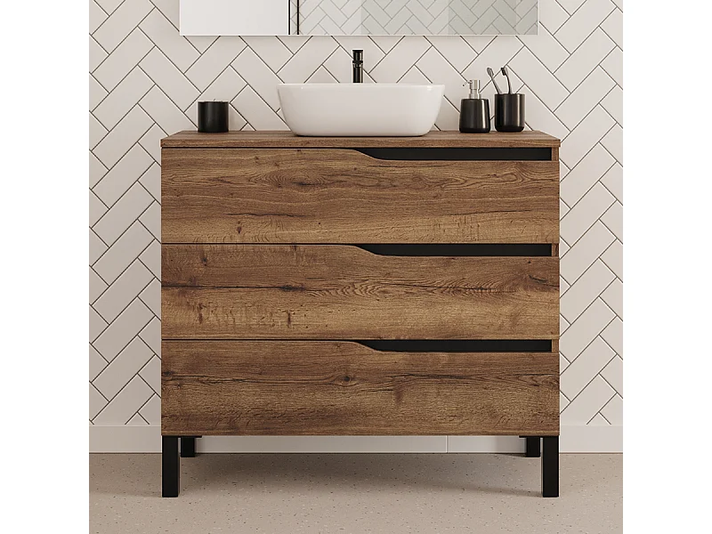 Meuble de salle de bain 90cm avec plateau et vasque à poser zeus - 3 tiroirs - sans miroir - tabaco (chêne foncé) - MATA