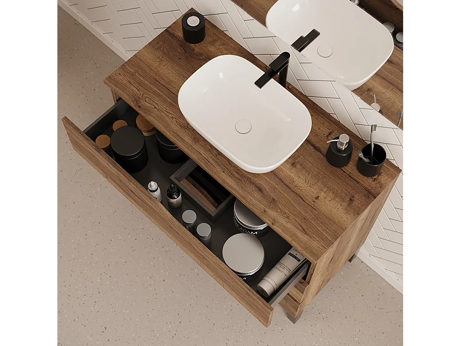 Meuble de salle de bain 90cm avec plateau et vasque à poser zeus - 3 tiroirs - sans miroir - tabaco (chêne foncé) - MATA