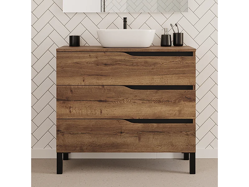 Meuble de salle de bain 90cm avec plateau et vasque à poser zeus - 3 tiroirs - sans miroir - tabaco (chêne foncé) - MATA