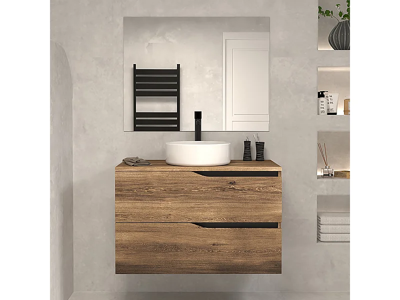Meuble de salle de bain 80 avec plateau et vasque à poser - 2 tiroirs - tabaco (bois foncé) - LUNA