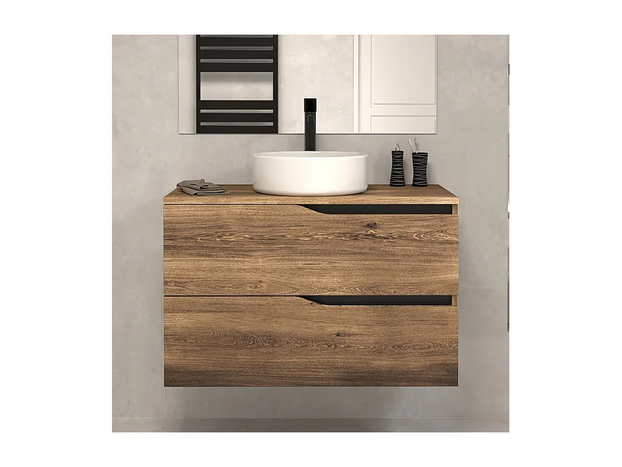 Meuble de salle de bain 80 avec plateau et vasque à poser - 2 tiroirs - tabaco (bois foncé) - LUNA