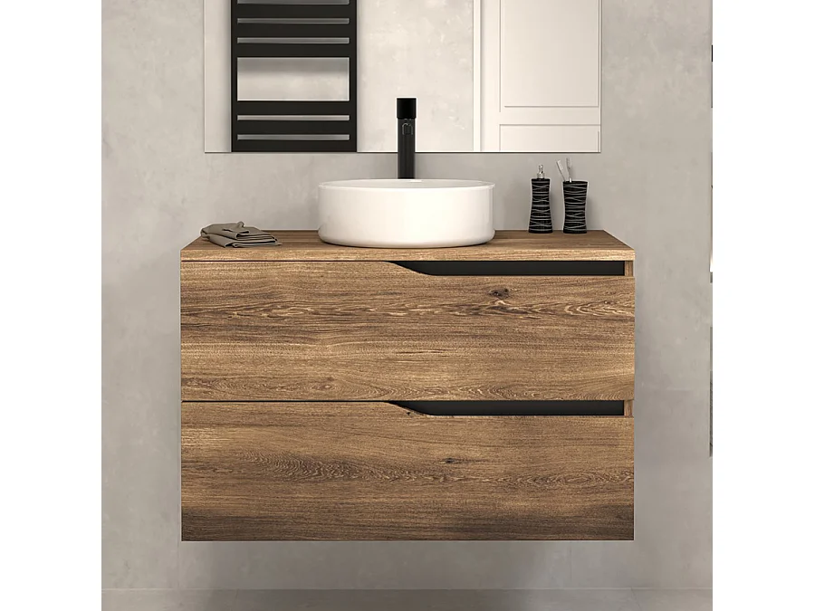 Meuble de salle de bain 80 avec plateau et vasque à poser - 2 tiroirs - tabaco (bois foncé) - LUNA