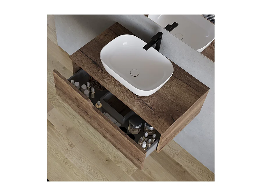 Meuble de salle de bain 80cm avec vasque à poser arrondie - 1 tiroir - tabaco (bois foncé) - CADIX