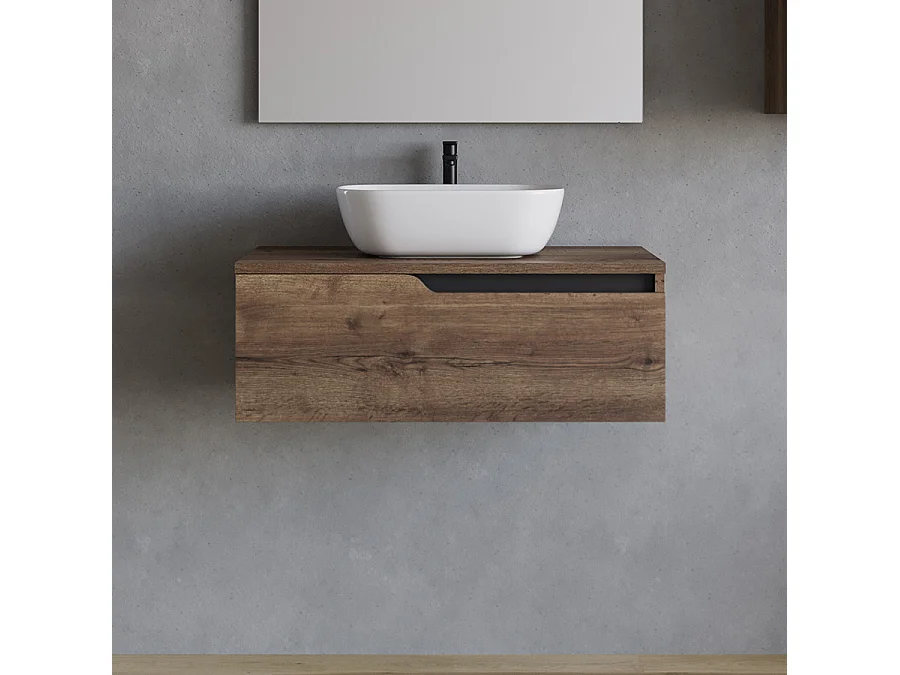Meuble de salle de bain 80cm avec vasque à poser arrondie - 1 tiroir - tabaco (bois foncé) - CADIX
