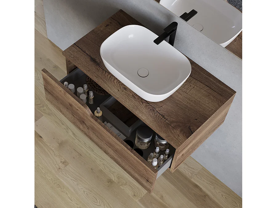 Meuble de salle de bain 80cm avec vasque à poser arrondie - 1 tiroir - tabaco (bois foncé) - CADIX