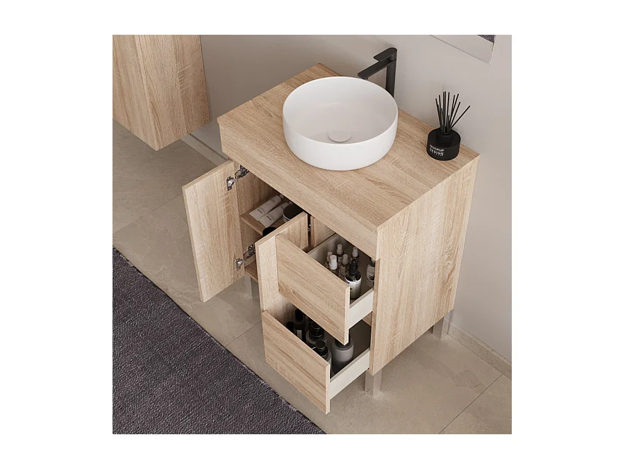 Meuble de salle de bain 80cm sur pieds avec plateau et une cuve à poser ronde - portes et tiroirs - cambrian (chêne clair) - HARO