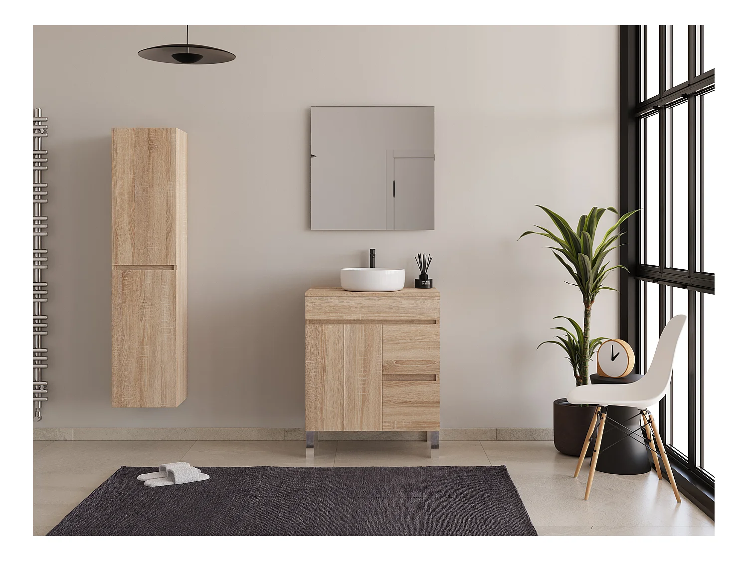 Meuble de salle de bain 80cm sur pieds avec plateau et une cuve à poser ronde - portes et tiroirs - cambrian (chêne clair) - HARO