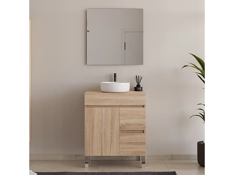 Meuble de salle de bain 80cm sur pieds avec plateau et une cuve à poser ronde - portes et tiroirs - cambrian (chêne clair) - HARO