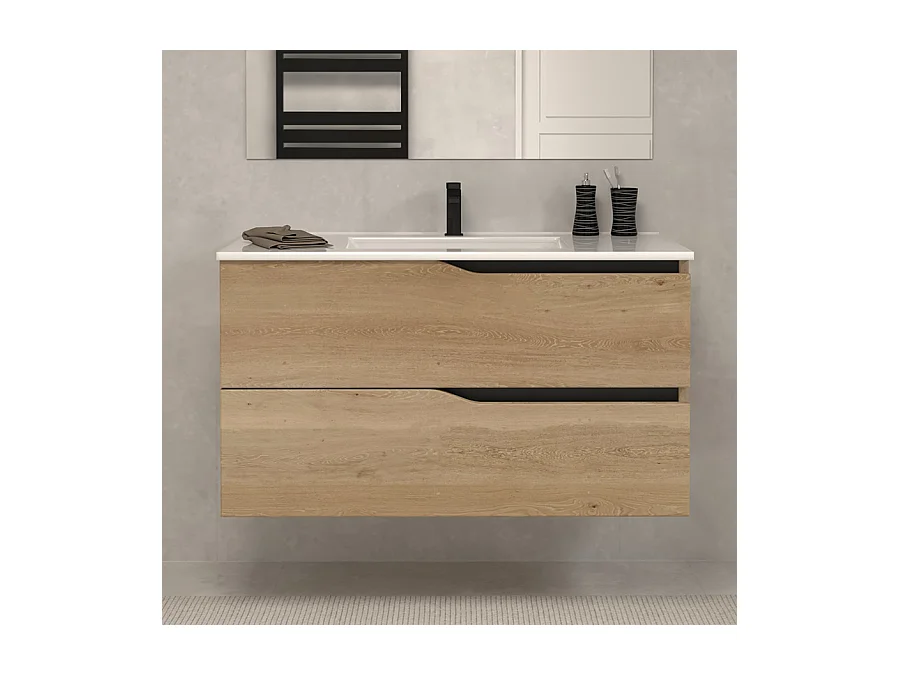 Meuble de salle de bain 100cm simple vasque - sans miroir - 2 tiroirs - madera miel (bois clair) - LUNA