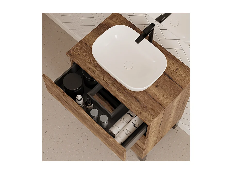 Meuble de salle de bain 70cm avec plateau et vasque à poser zeus - 3 tiroirs - sans miroir - tabaco (chêne foncé) - MATA