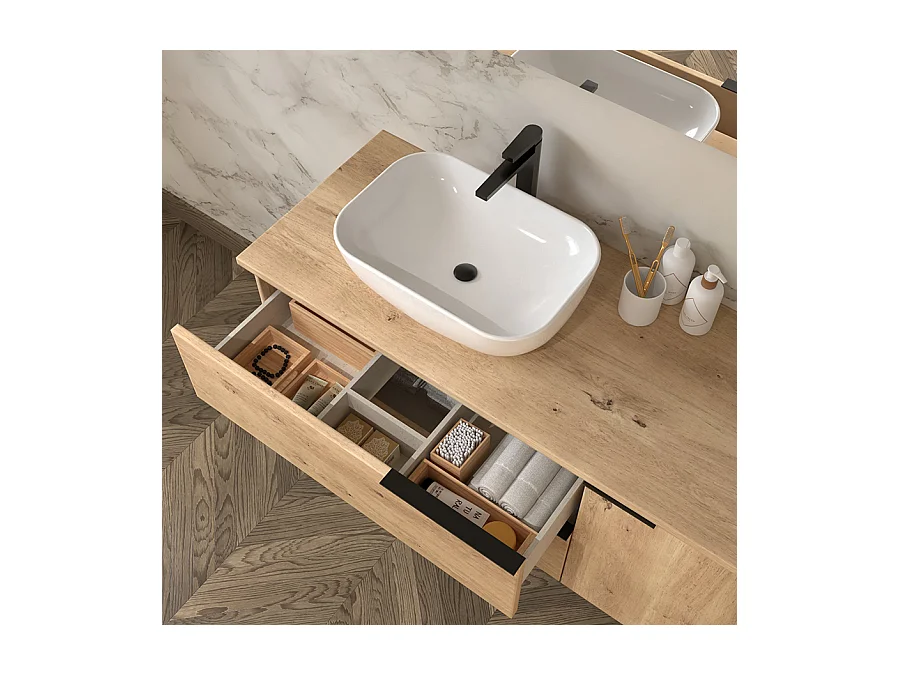 Meuble de salle de bain 100 cm avec vasque à poser arrondie - 2 tiroirs - KING et miroir Led STAM