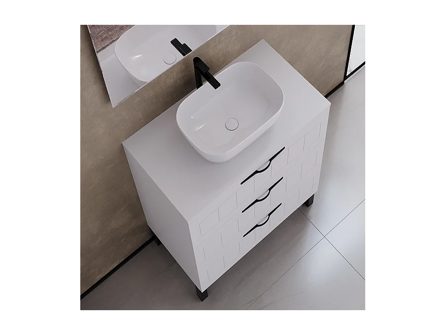 Meuble de salle de bain 60cm avec plateau et vasque à poser ovale - 3 tiroirs - sans miroir - blanc - CALA