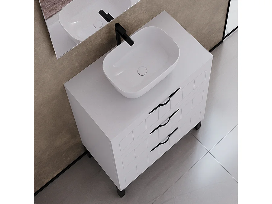 Meuble de salle de bain 60cm avec plateau et vasque à poser ovale - 3 tiroirs - sans miroir - blanc - CALA