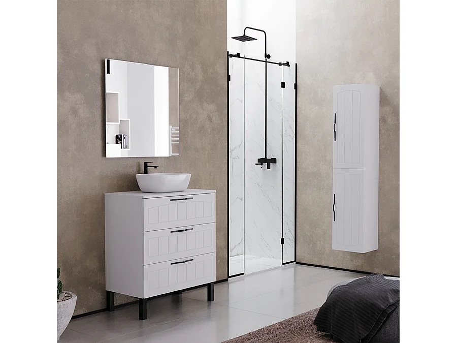 Meuble de salle de bain 60cm avec plateau et vasque à poser ovale - 3 tiroirs - sans miroir - blanc - CALA