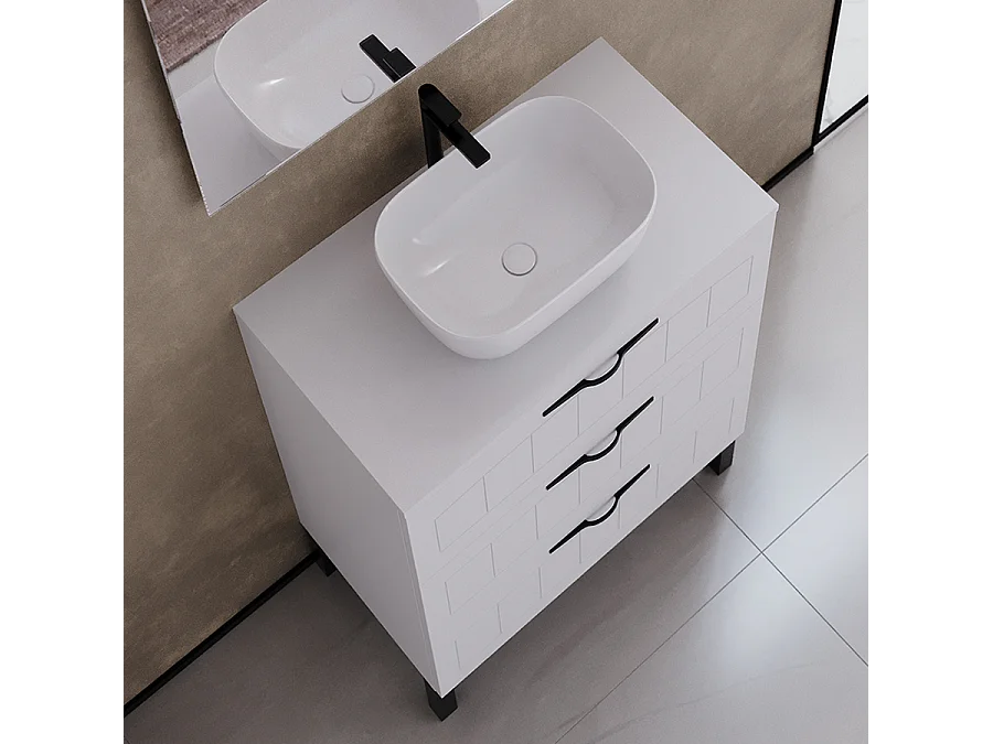 Meuble de salle de bain 60cm avec plateau et vasque à poser ovale - 3 tiroirs - sans miroir - blanc - CALA