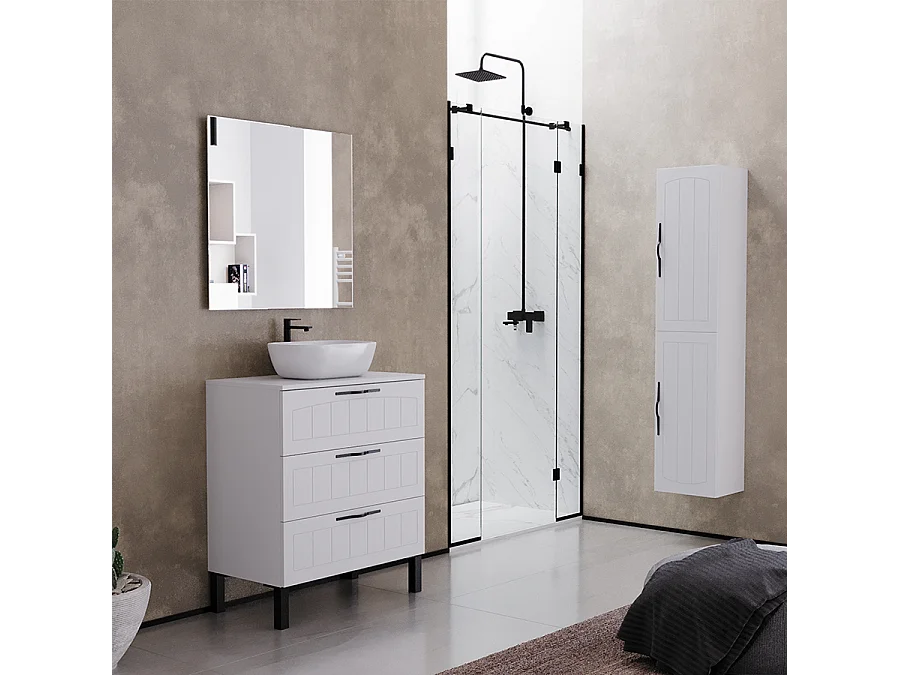 Meuble de salle de bain 60cm avec plateau et vasque à poser ovale - 3 tiroirs - sans miroir - blanc - CALA